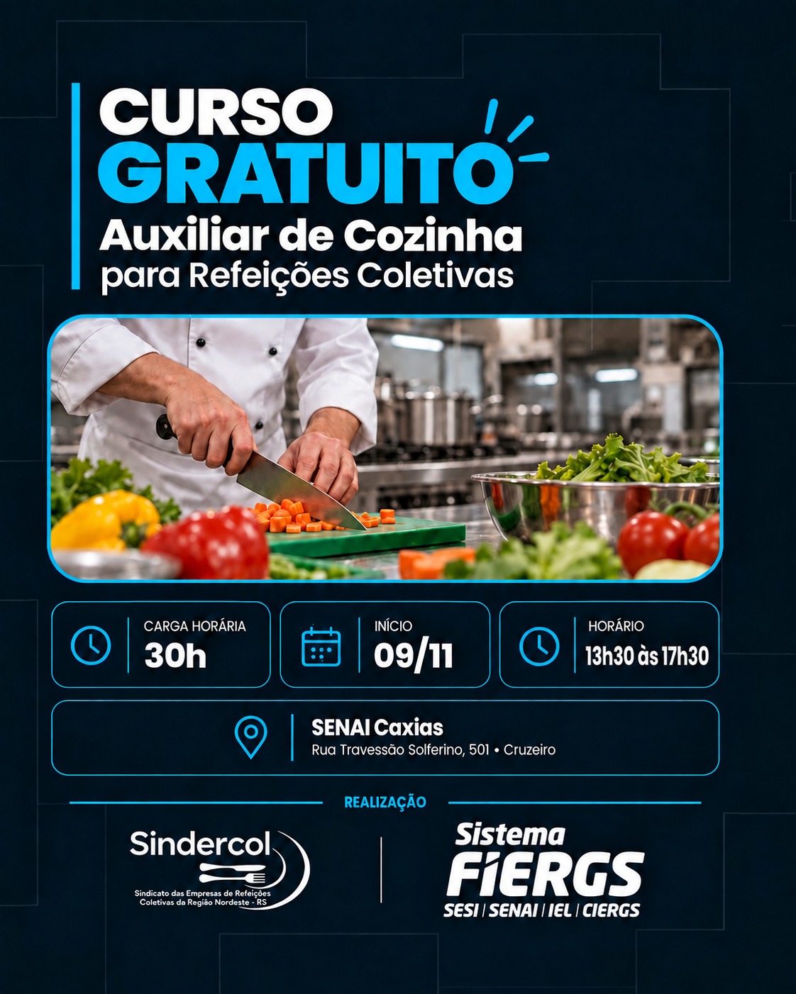 SINDERCOL e SENAI Caxias do Sul oferecem curso gratuito de Auxiliar de Cozinha